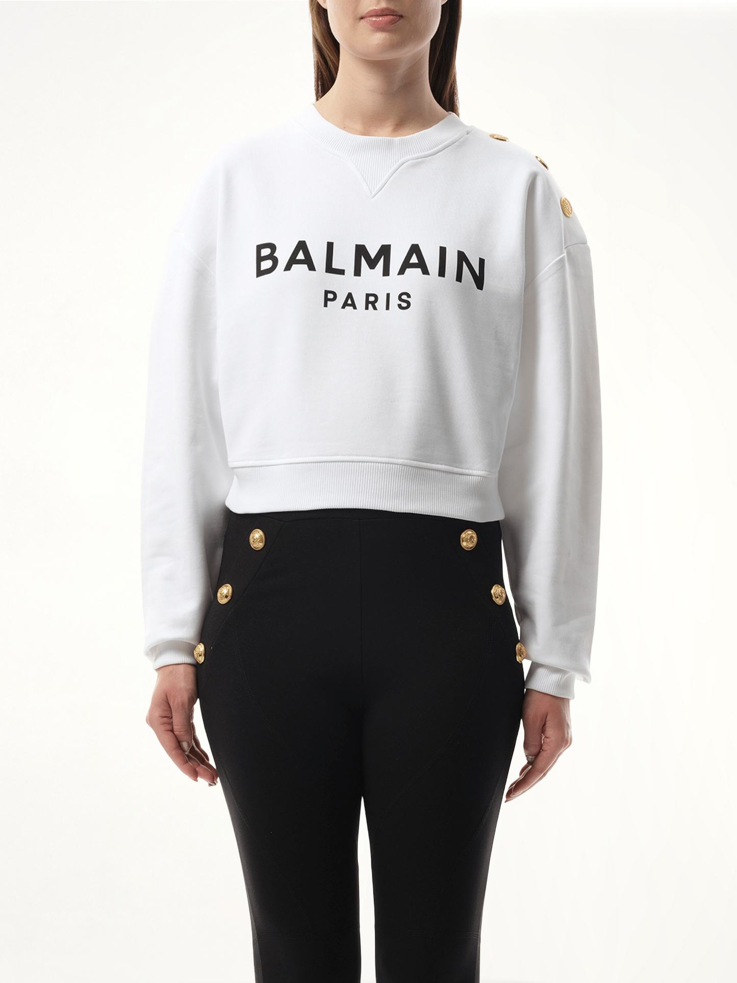 Image of a model wearing Outerwear. Product name - 3 Button Balmain Printed Sweatshirt in White colour by brand - BALMAIN