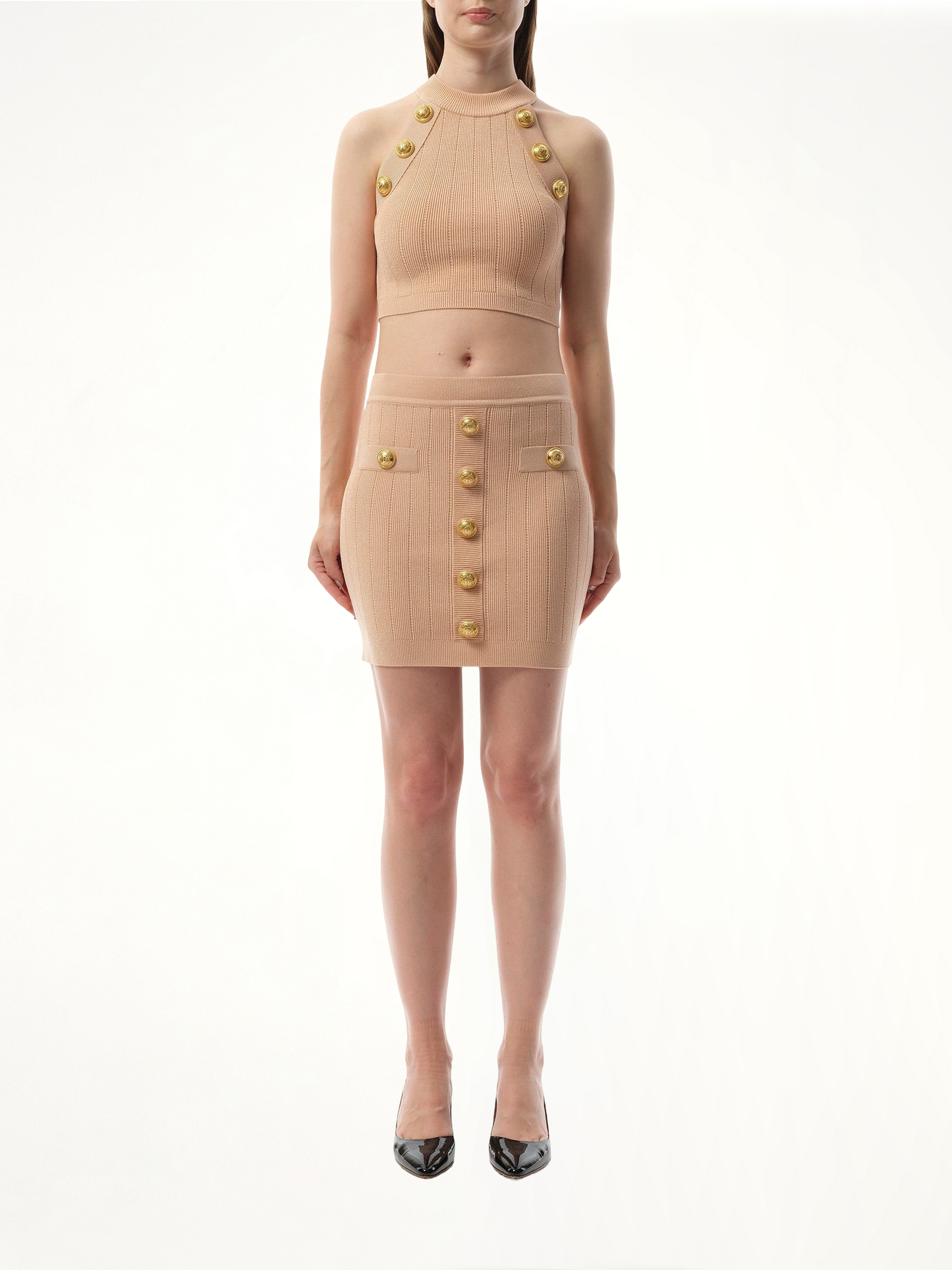 BALMAIN 6 Button Halterneck Knit Cropped Top (Pink)