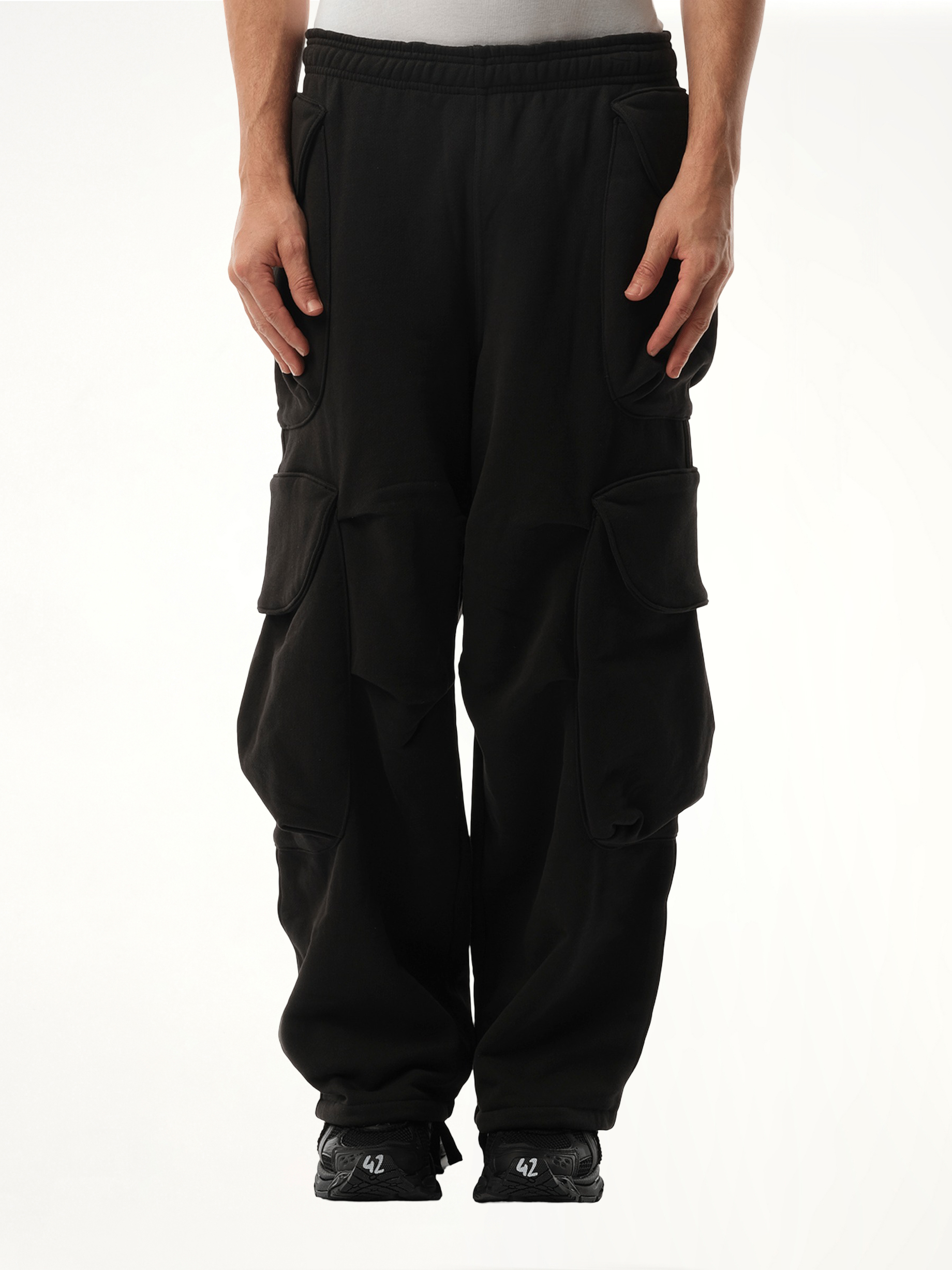 Image of a model wearing Pants. Product name - Heavy Gocar Sweatpants in Black colour by brand - ENTIRE STUDIOS
