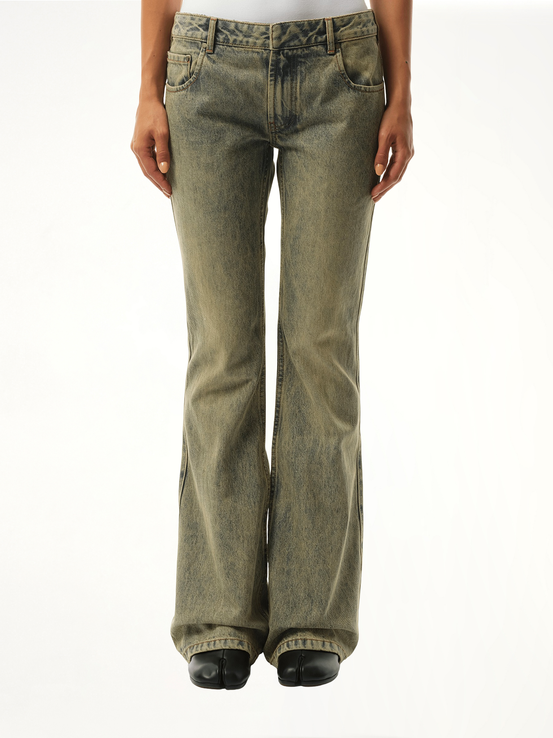 Image of a model wearing Denim. Productname: ENTIRE STUDIOS Slim-Flared Jeans in BLUE colour by brand - ENTIRE STUDIOS