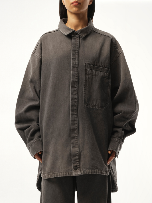 Image of a model wearing Tops. Productname: ENTIRE STUDIOS Herculean Shirt in GREY colour by brand - ENTIRE STUDIOS