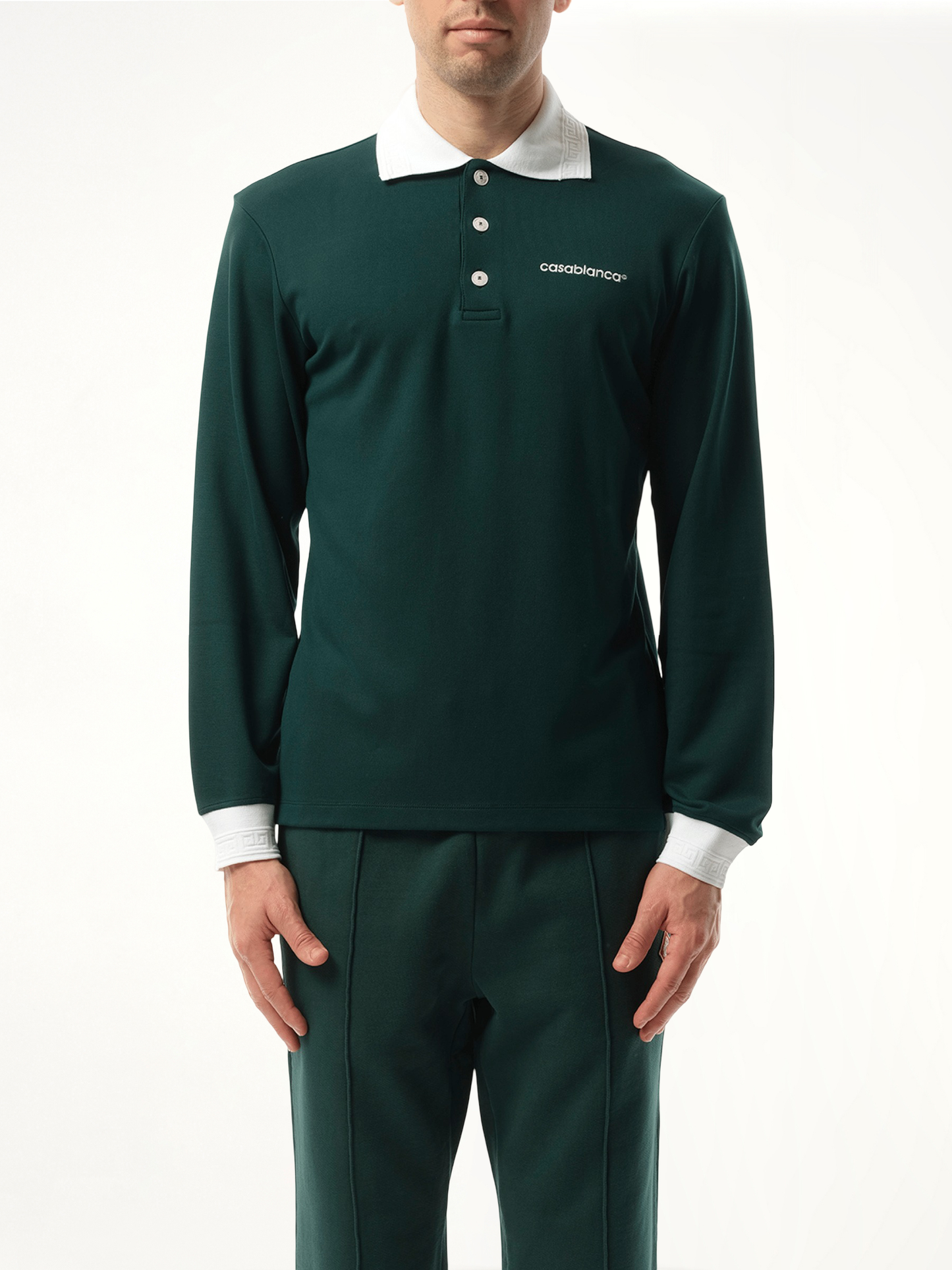Image of a model wearing Tops. Productname: CASABLANCA Long Sleeve Viscose Polo in GREEN colour by brand - CASABLANCA