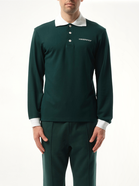 Image of a model wearing Tops. Productname: CASABLANCA Long Sleeve Viscose Polo in GREEN colour by brand - CASABLANCA