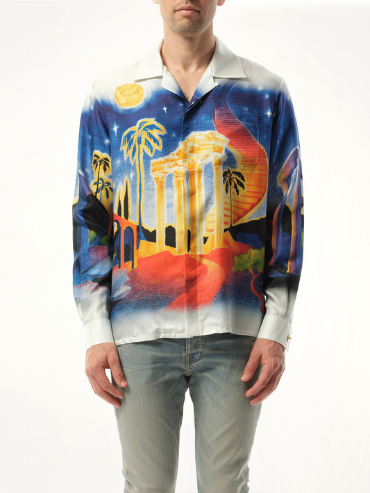 Image of a model wearing Tops. Productname: CASABLANCA Long Sleeve Cuban Collar Shirt in MULTICOLOUR colour by brand - CASABLANCA