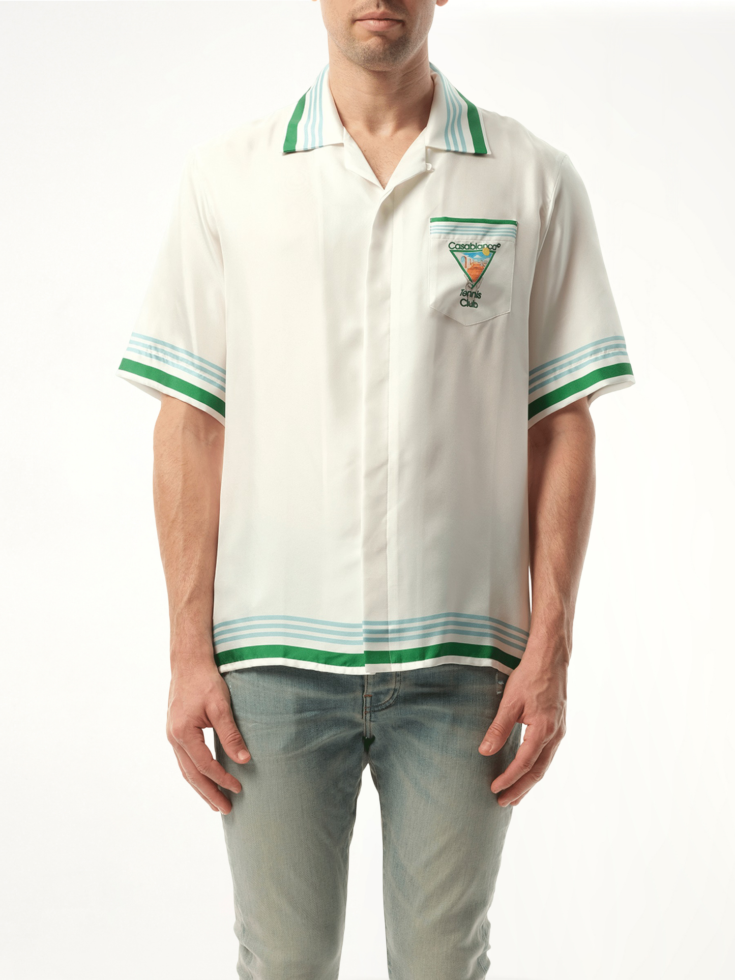 Image of a model wearing Tops. Productname: CASABLANCA Metaphysical Tennis Icon Cuban Collar Shirt in WHITE colour by brand - CASABLANCA