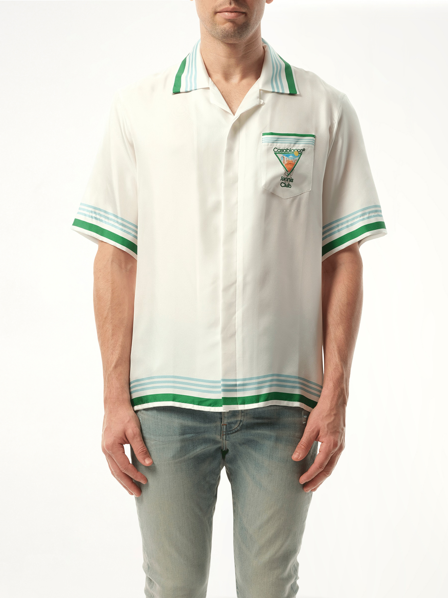 Image of a model wearing Tops. Productname: CASABLANCA Metaphysical Tennis Icon Cuban Collar Shirt in WHITE colour by brand - CASABLANCA