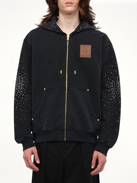 Image of a model wearing Outerwear. Productname: CASABLANCA La Premonition Hotfix Printed Zip Hoodie in BLACK colour by brand - CASABLANCA