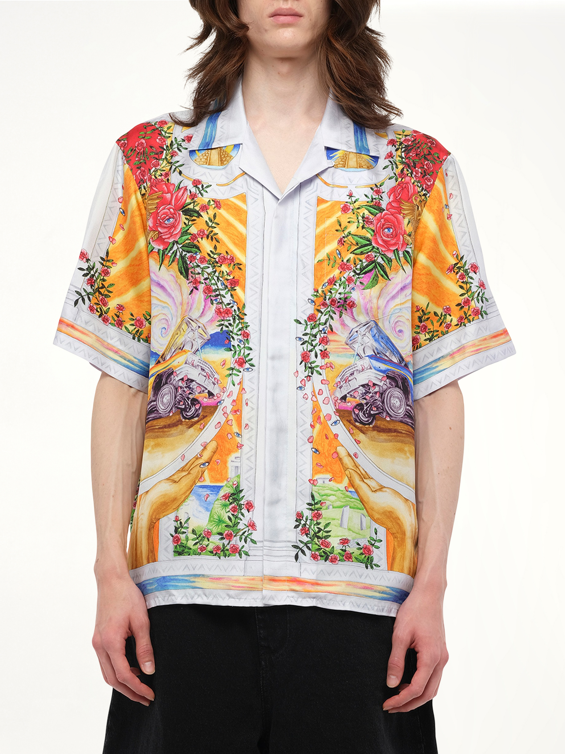 Image of a model wearing Tops. Productname: CASABLANCA A Tournade De Rose Cuban Collar Shirt in MULTICOLOUR colour by brand - CASABLANCA