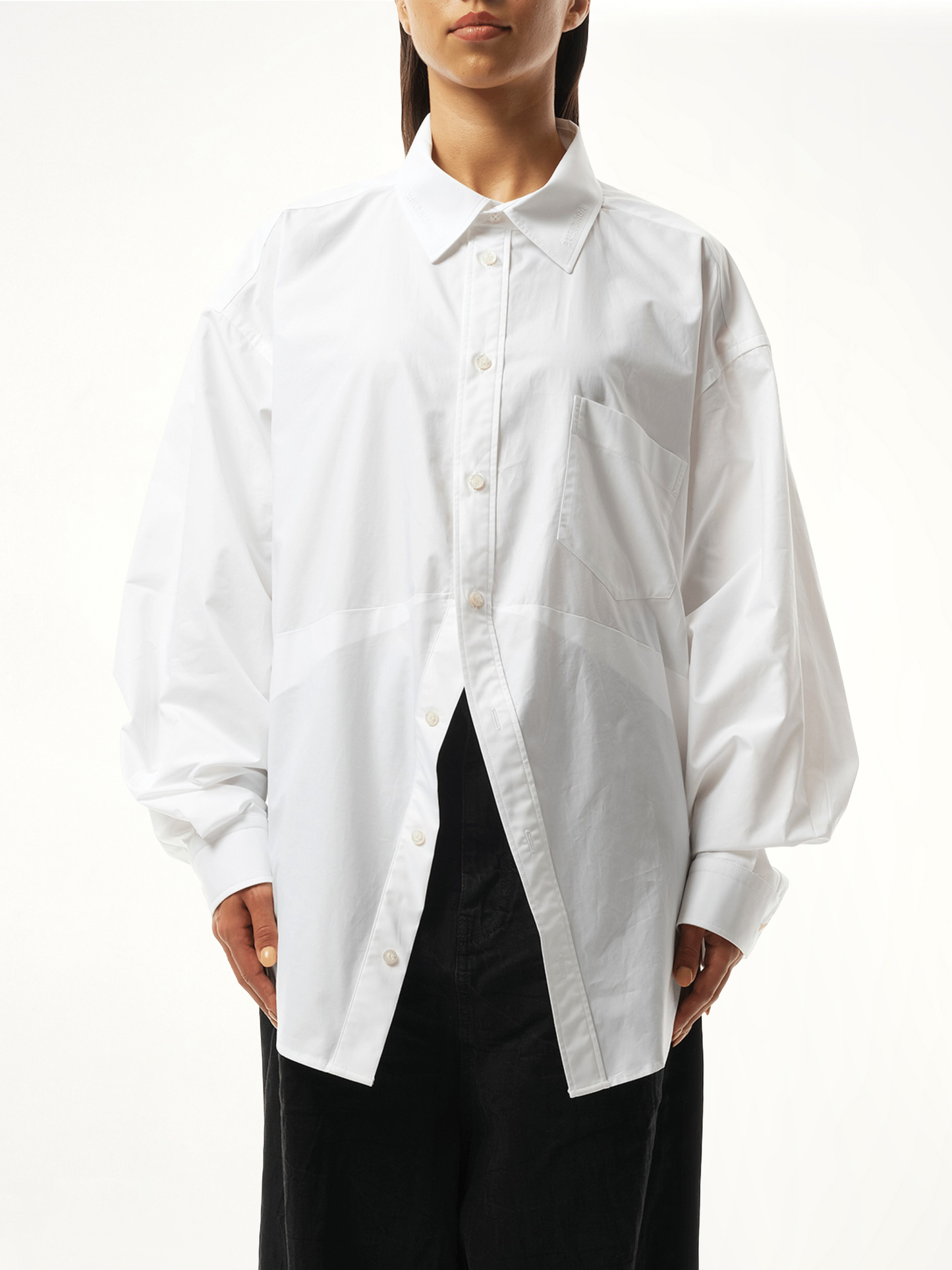 Image of a model wearing Tops. Productname: BALENCIAGA Swing Shirt in WHITE colour by brand - BALENCIAGA