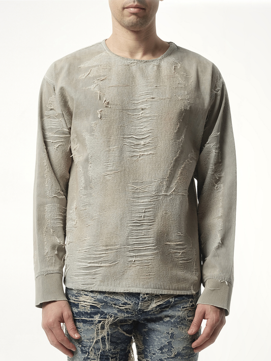 Image of a model wearing Outerwear. Productname: DIESEL Distressed Effect Denim Sweater in Grey colour by brand - DIESEL