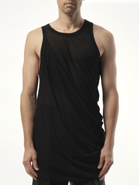 Image of a model wearing Tops. Productname: RICK OWENS Anthem Tank in Black colour by brand - RICK OWENS