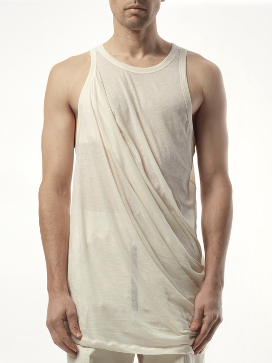 Image of a model wearing Tops. Productname: RICK OWENS Anthem Tank in Natural colour by brand - RICK OWENS