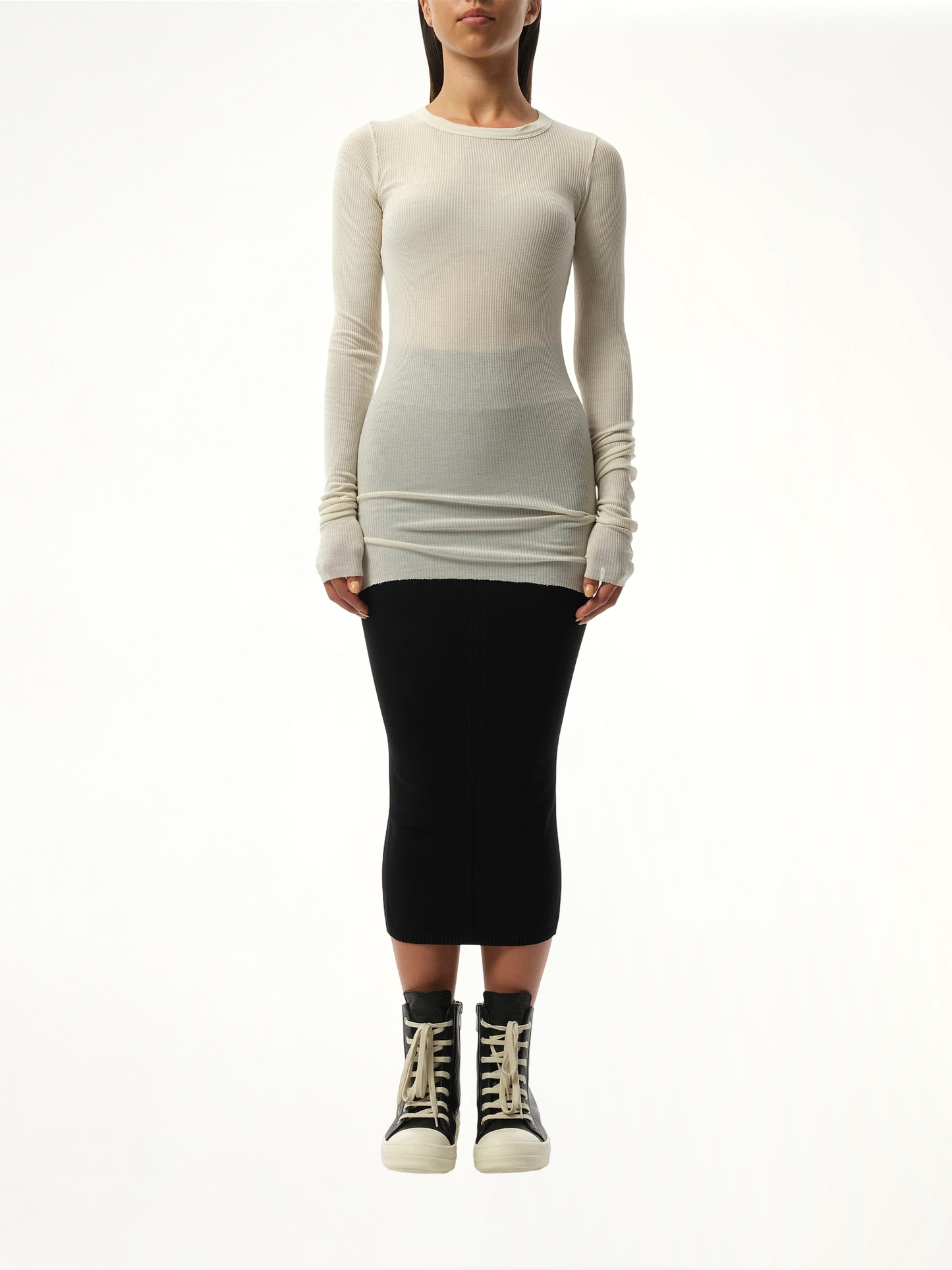 RICK OWENS Rib Long Sleeve T-Shirt (White)