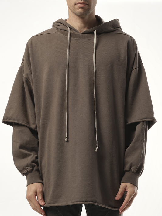 Image of a model wearing Outerwear. Productname: RICK OWENS DRKSHDW Tommy Hustler Hoodie in Brown colour by brand - RICK OWENS DRKSHDW