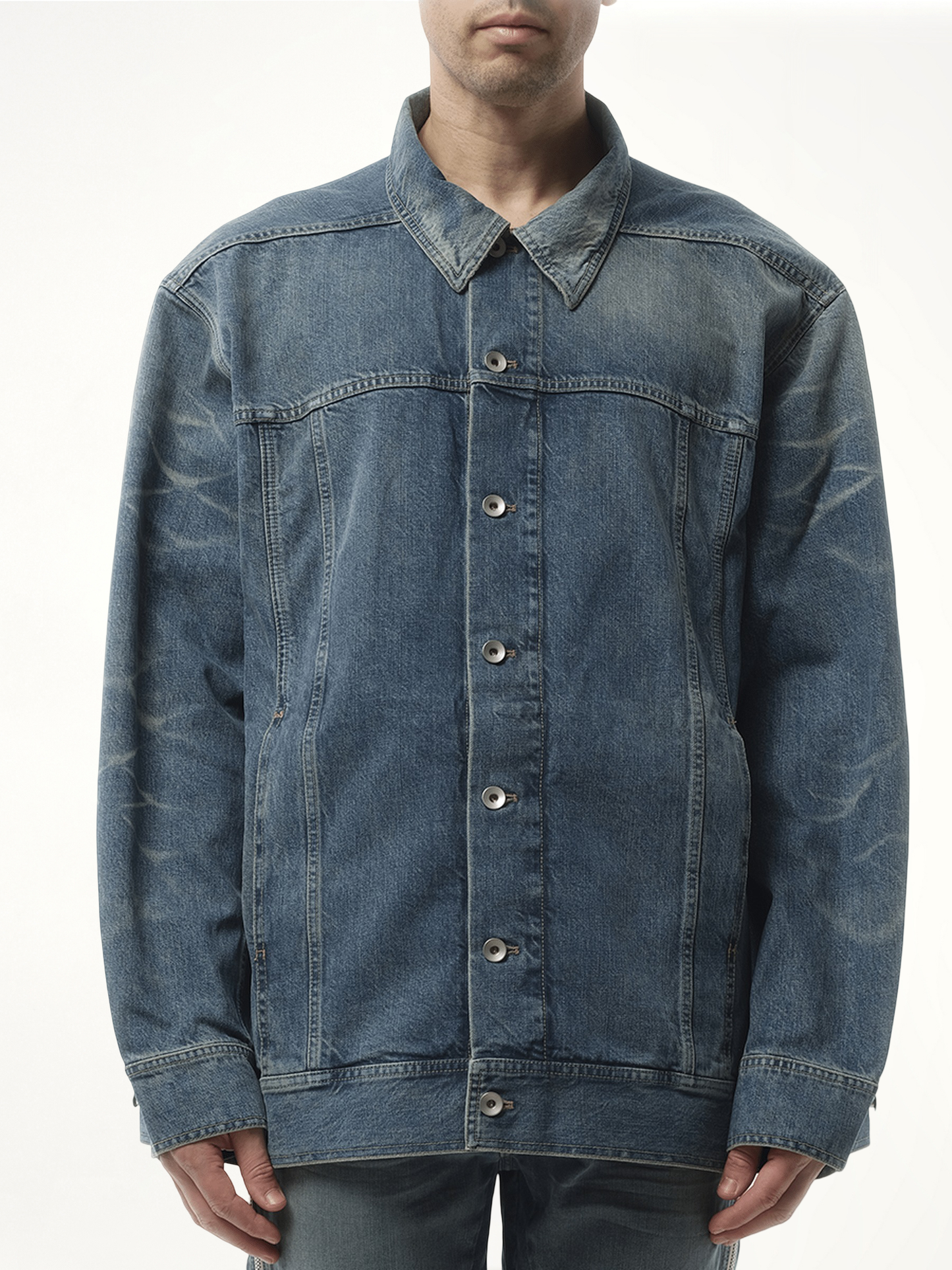 Image of a model wearing Outerwear. Productname: RICK OWENS DRKSHDW Jumbo Worker Jacket in Blue colour by brand - RICK OWENS DRKSHDW