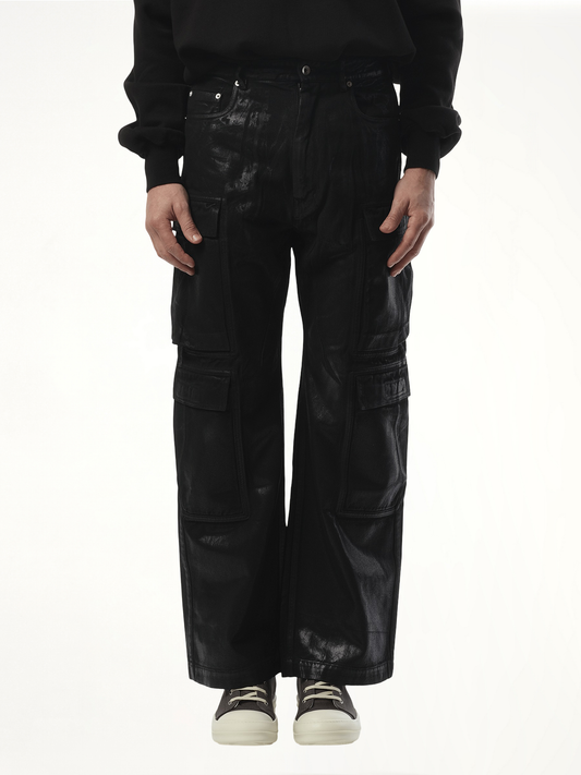 Image of a model wearing Denim. Productname: RICK OWENS DRKSHDW Double Cargo Jeans in Black colour by brand - RICK OWENS DRKSHDW