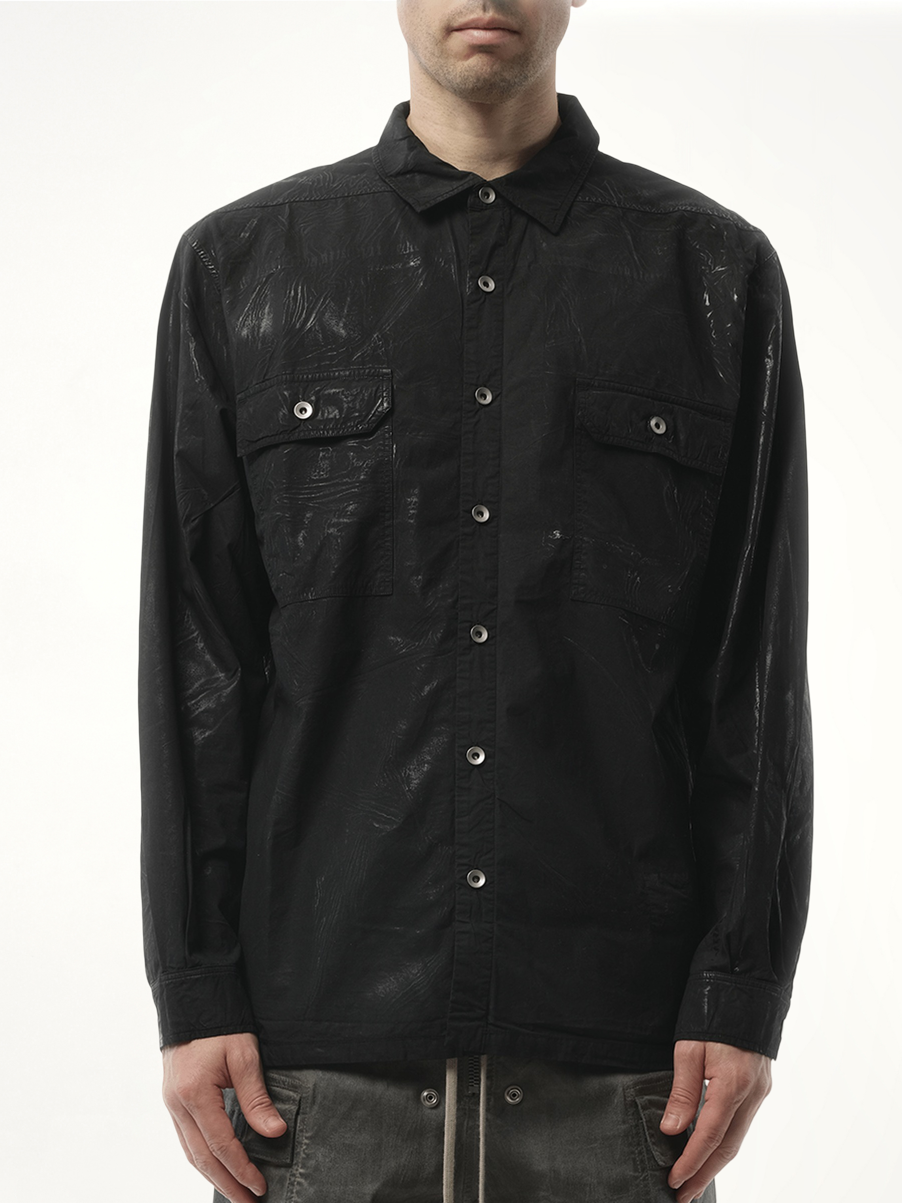 Image of a model wearing Tops. Productname: RICK OWENS DRKSHDW Denim Jumbo Outershirt in Black colour by brand - RICK OWENS DRKSHDW