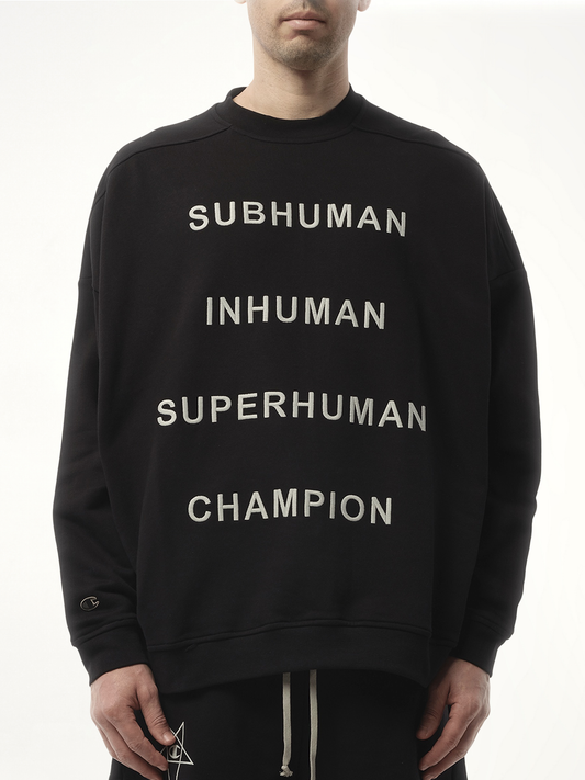 Image of a model wearing Outerwear. Productname: RICK OWENS DRKSHDW Champion x DRKSHDW Jumbo Sweatshirt in Black colour by brand - RICK OWENS DRKSHDW