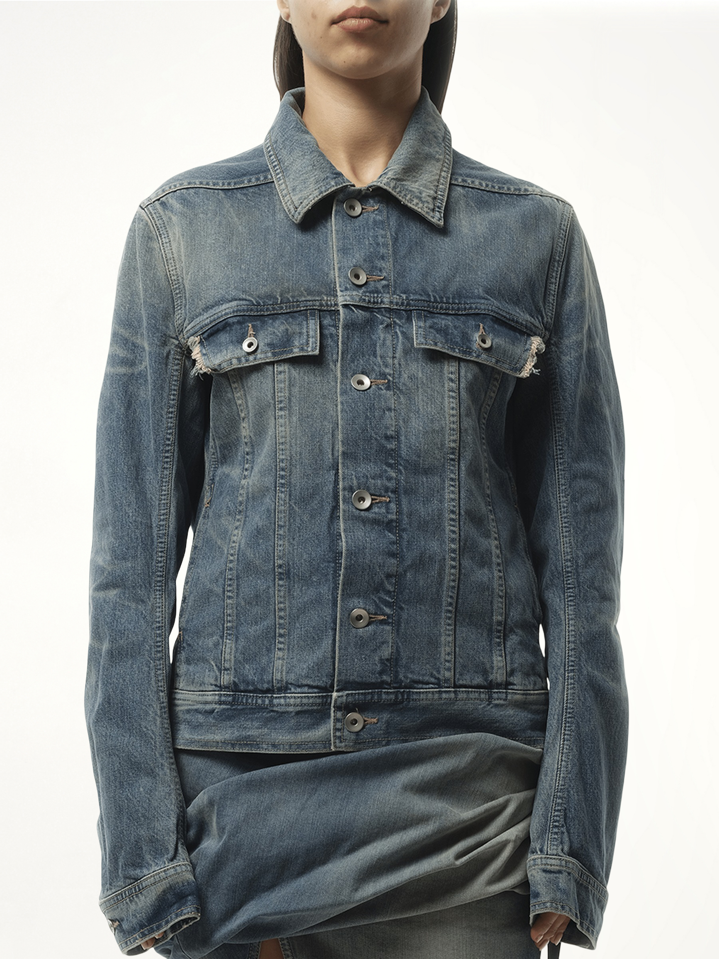 Image of a model wearing Outerwear. Productname: RICK OWENS DRKSHDW Trucker Denim Jacket in Blue colour by brand - RICK OWENS DRKSHDW