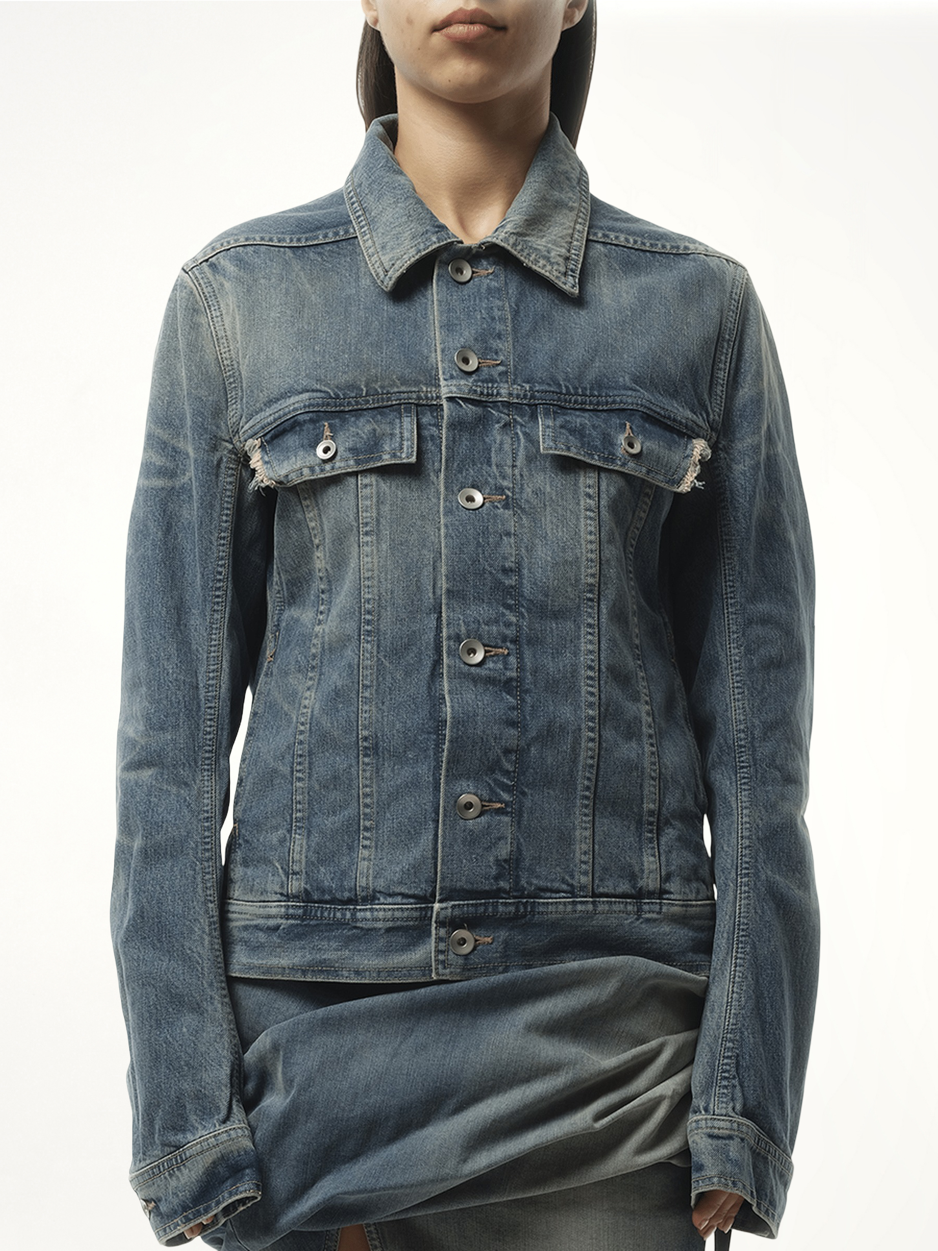 Image of a model wearing Outerwear. Productname: RICK OWENS DRKSHDW Trucker Denim Jacket in Blue colour by brand - RICK OWENS DRKSHDW