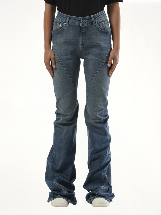 Image of a model wearing Denim. Productname: RICK OWENS DRKSHDW Bias Bootcut Jeans in Blue colour by brand - RICK OWENS DRKSHDW