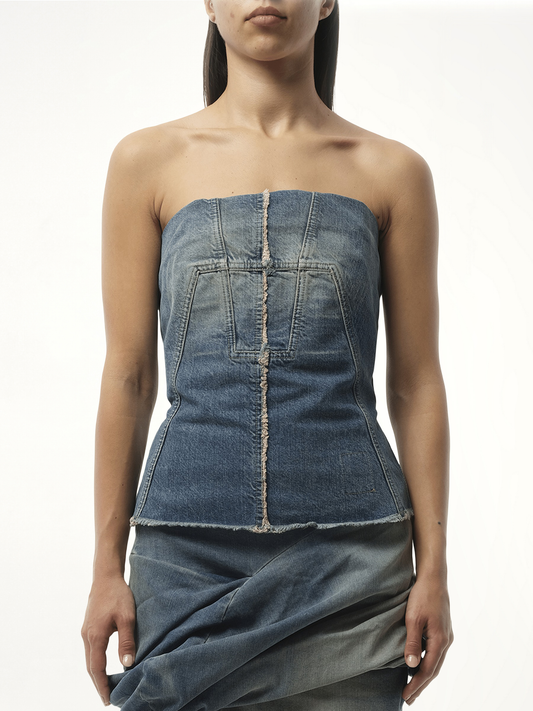 Image of a model wearing Tops. Productname: RICK OWENS DRKSHDW Bustier Top in Blue colour by brand - RICK OWENS DRKSHDW