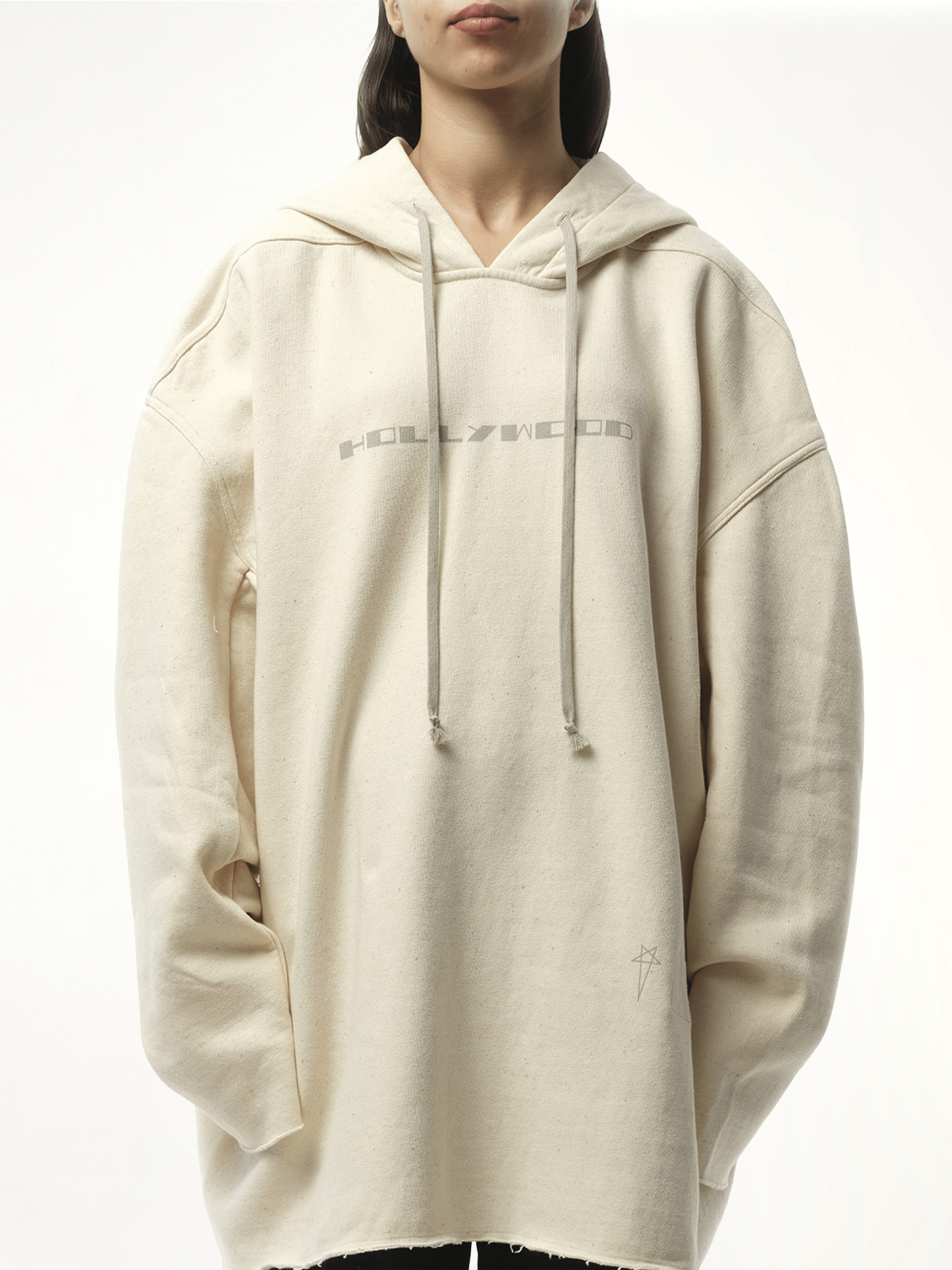 Image of a model wearing Outerwear. Product name - Hollywood Peter Hoodie in Natural colour by brand - RICK OWENS DRKSHDW