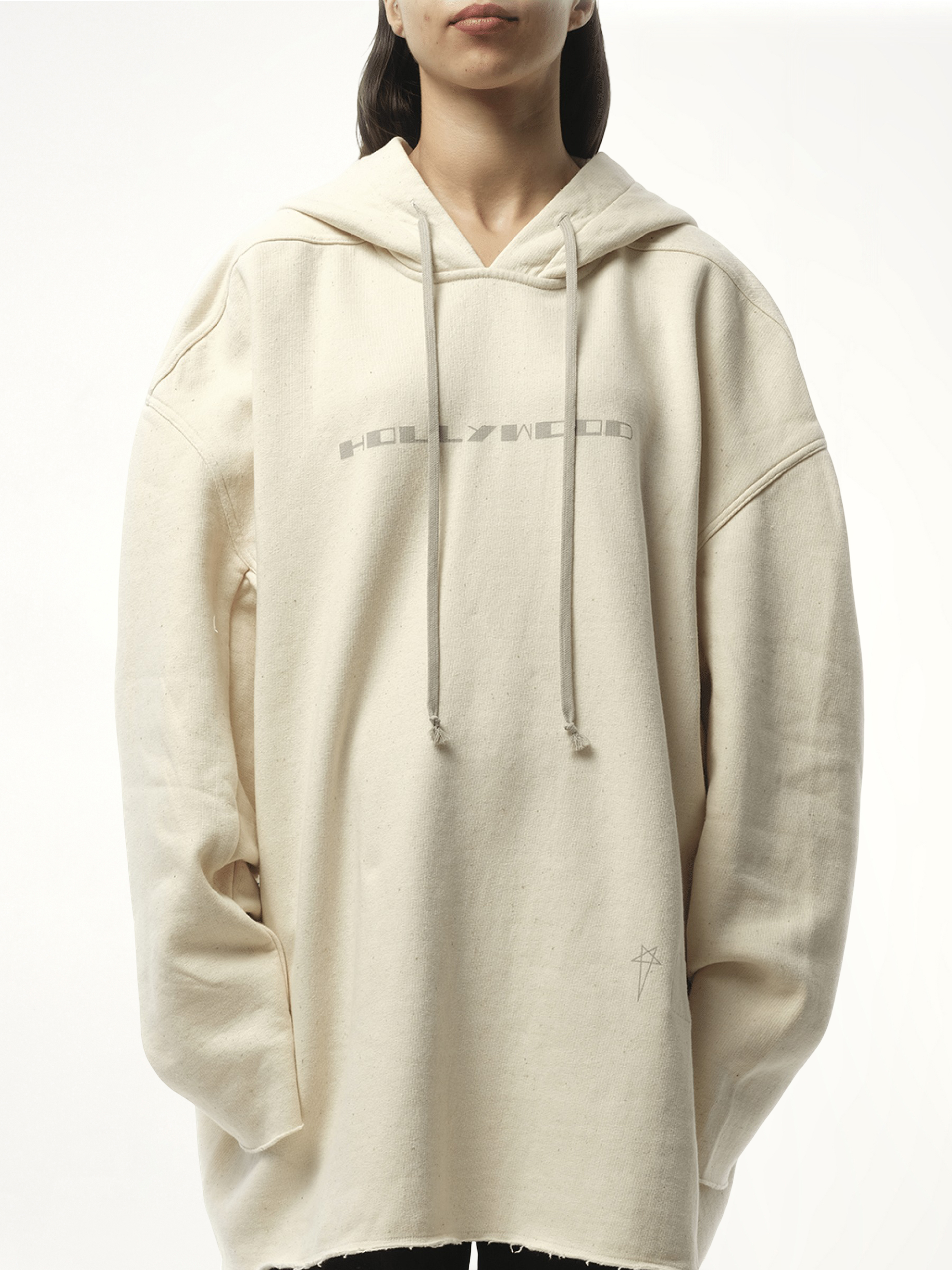 Image of a model wearing Outerwear. Product name - Hollywood Peter Hoodie in Natural colour by brand - RICK OWENS DRKSHDW