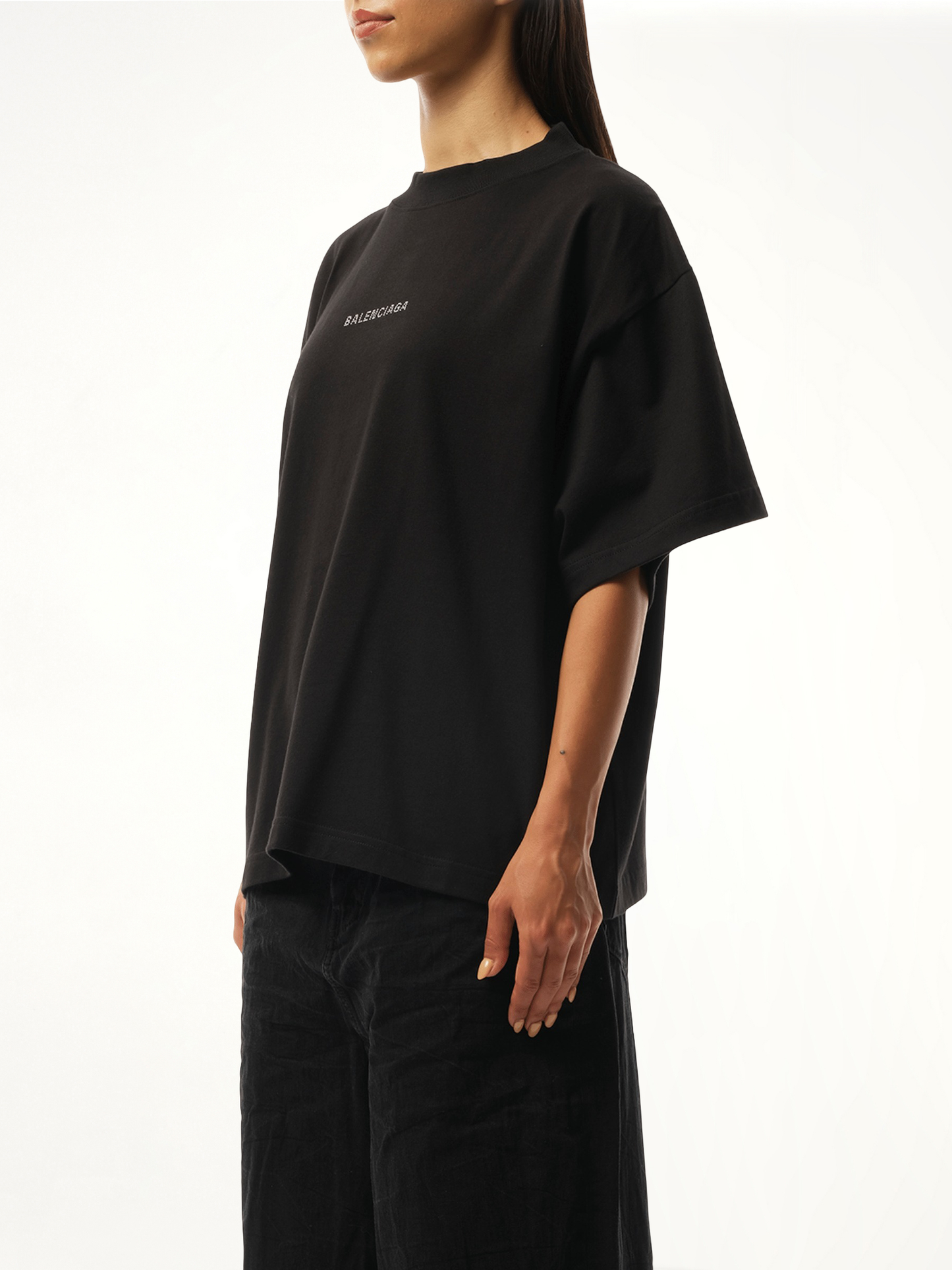 BALENCIAGA Paris Strass Cropped T-Shirt (Black)