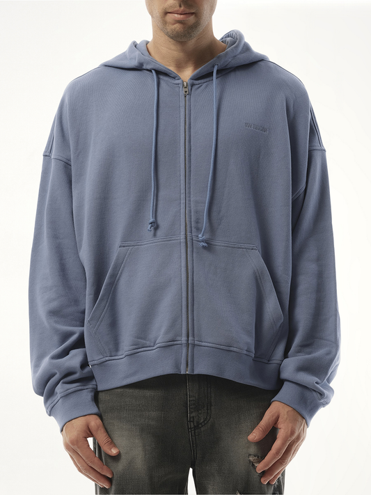 Image of a model wearing Outerwear. Productname: WE11DONE Twin All Around Hoodie Zip-Up in Blue colour by brand - WE11DONE