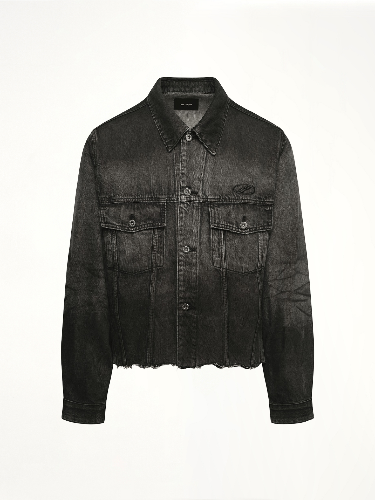 Image of a model wearing Outerwear. Productname: WE11DONE Dark-Spray Detail Denim Jacket in Black colour by brand - WE11DONE