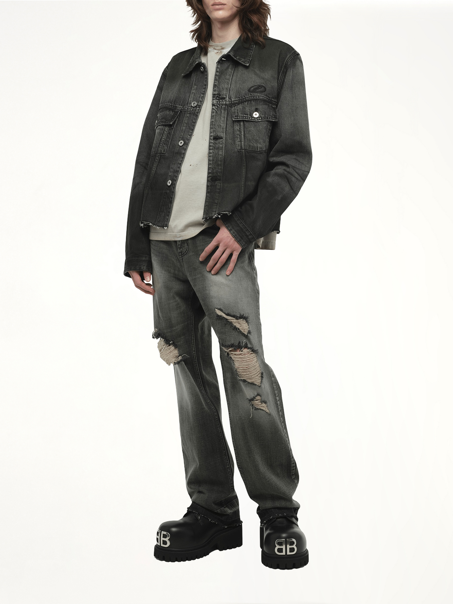 WE11DONE Dark-Spray Detail Denim Jacket (Black)