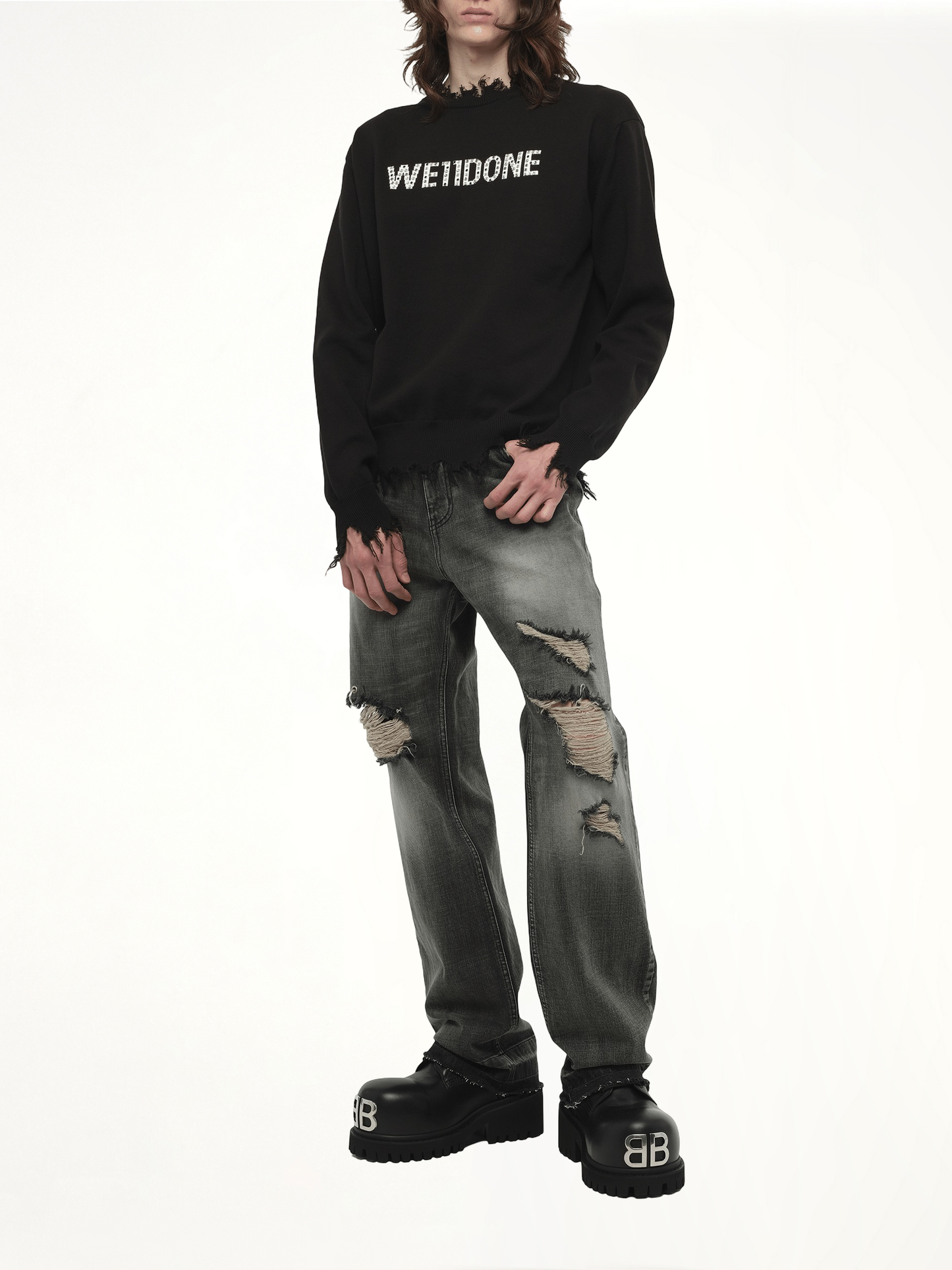 WE11DONE Grunge Rhinestone Logo Sweater (Black)