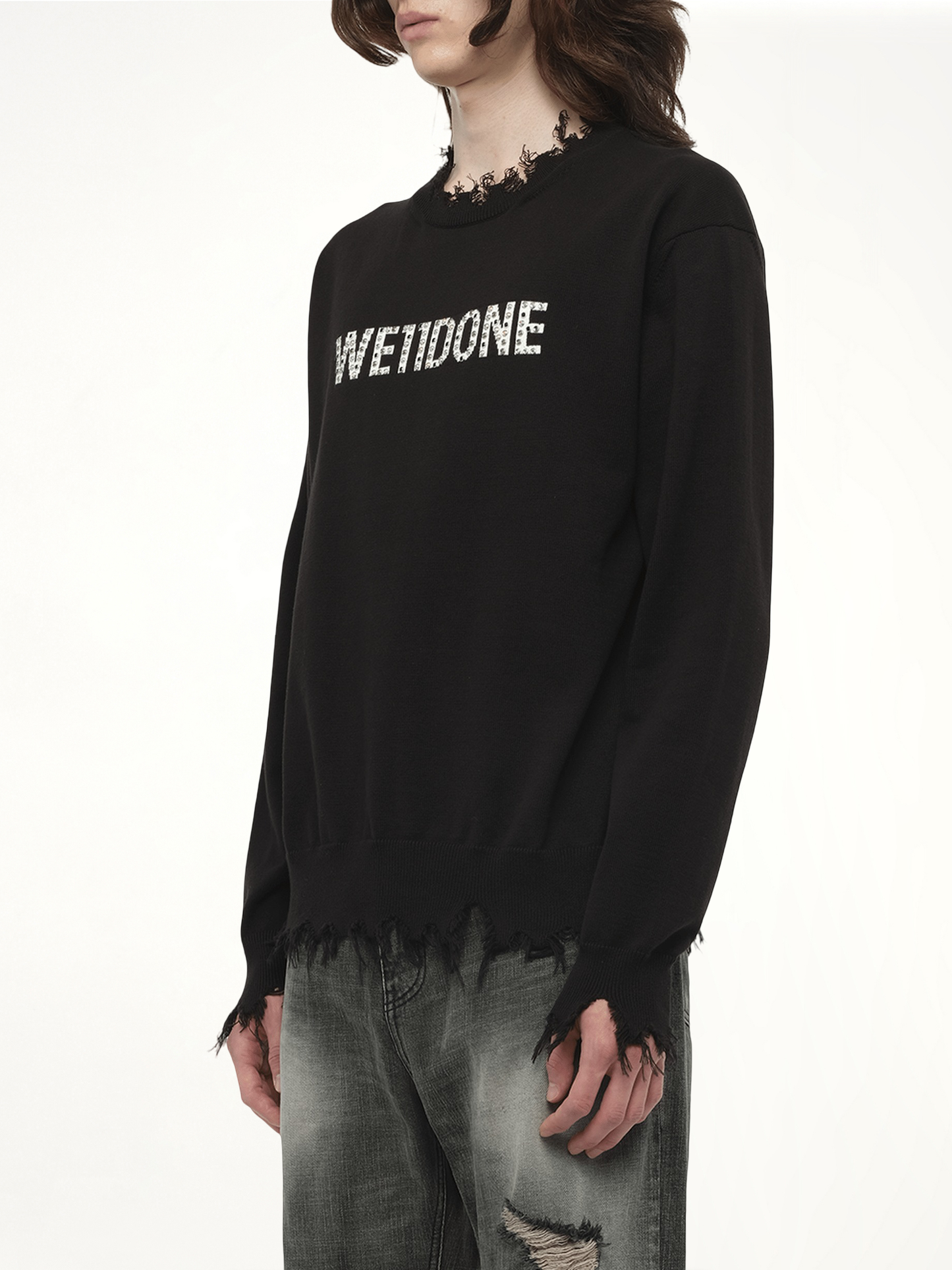WE11DONE Grunge Rhinestone Logo Sweater (Black)