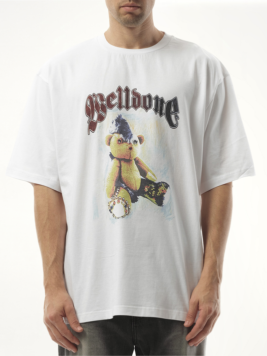 Image of a model wearing Tops. Productname: WE11DONE Punk Teddy T-Shirt in White colour by brand - WE11DONE