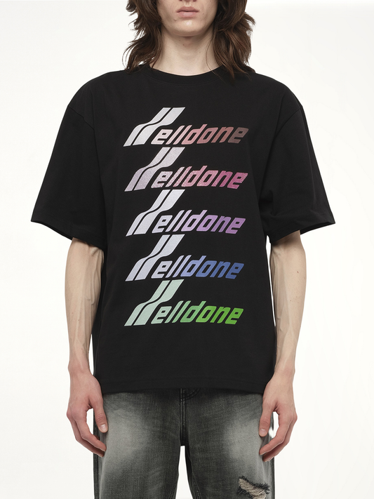 Image of a model wearing Tops. Productname: WE11DONE Multi-Logo T-Shirt in Black colour by brand - WE11DONE