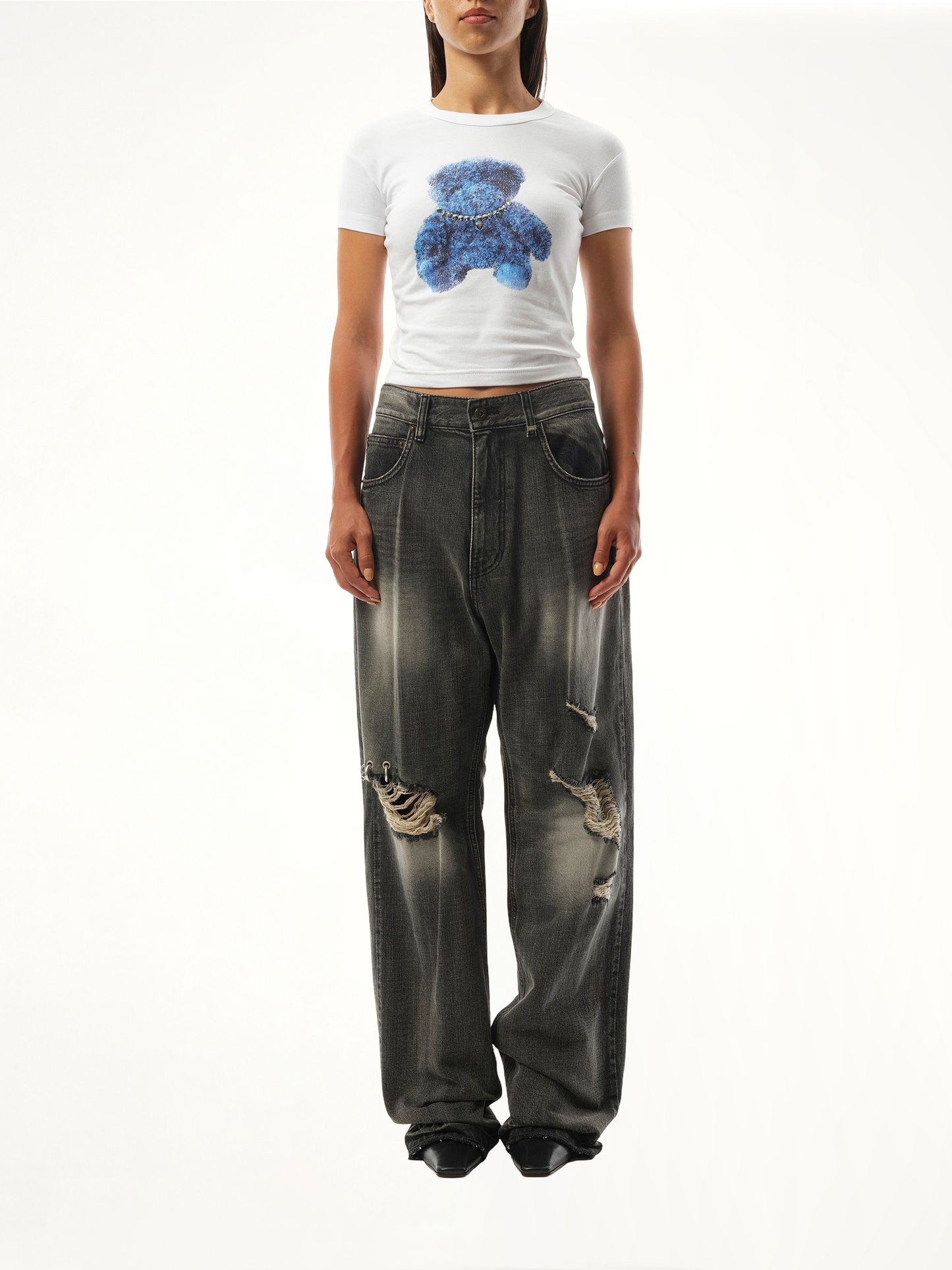 WE11DONE Studded Bear Cropped T-Shirt (White)