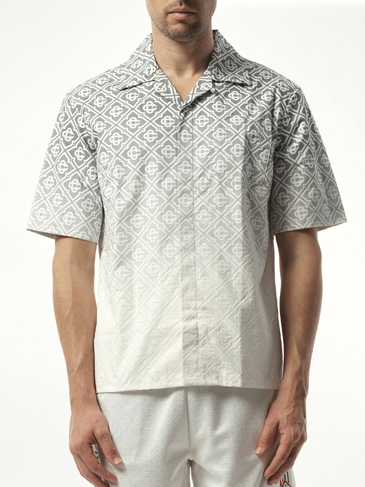 Image of a model wearing Tops. Productname: CASABLANCA Short Sleeve Cuban Collar Shirt in GREY colour by brand - CASABLANCA