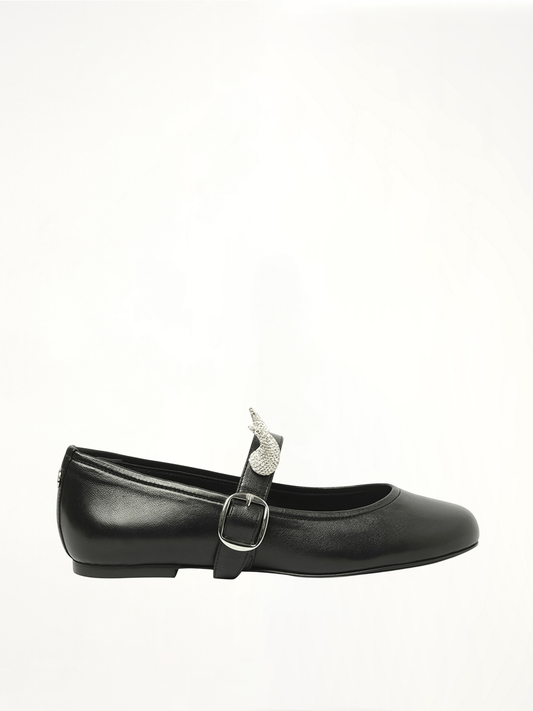 Image of Flats. Product name - Disney x Coperni Horn Ballerina Belt Flat in Black colour by brand - COPERNI