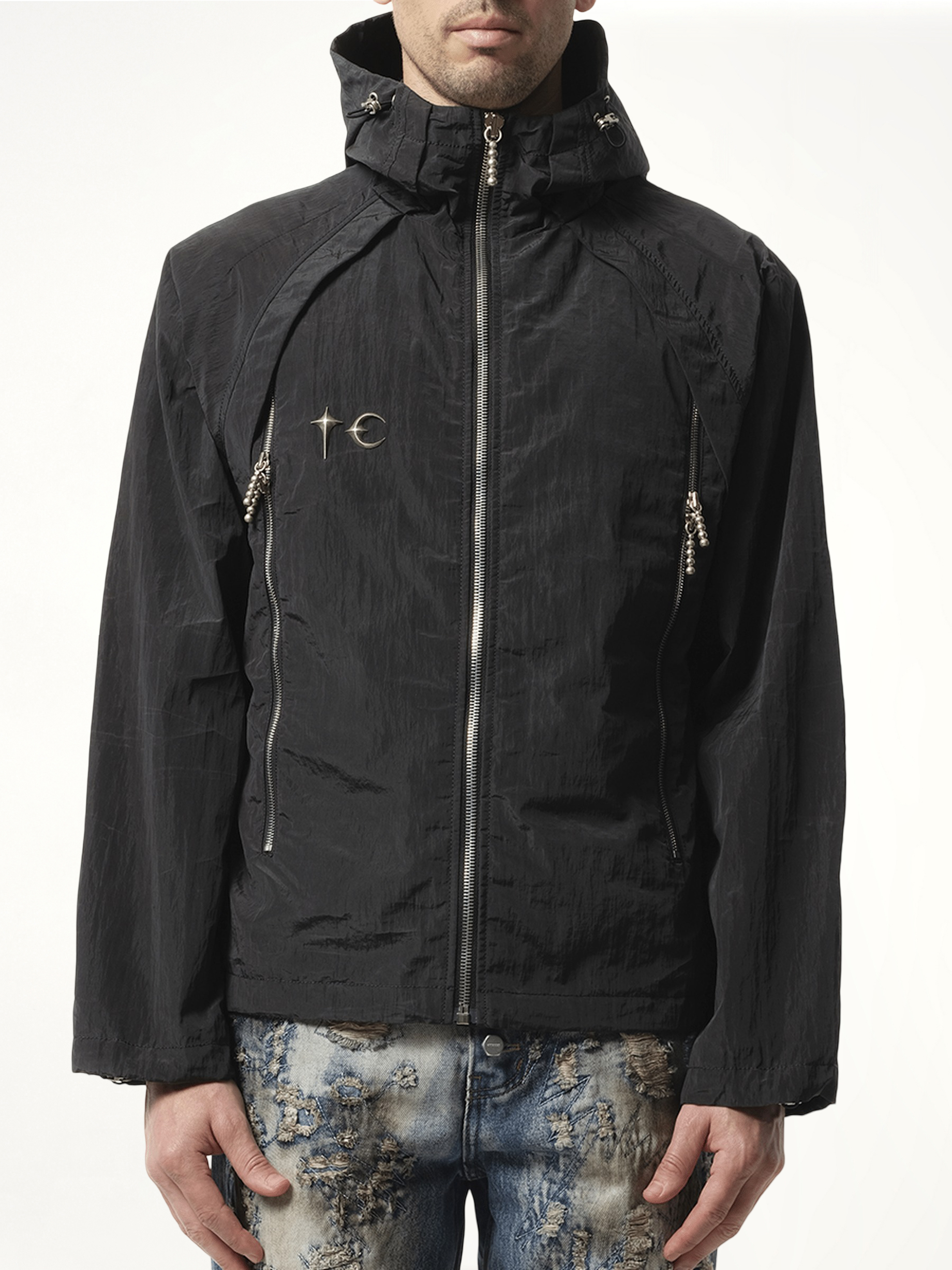 Image of a model wearing Outerwear. Productname: THUG CLUB Scarred Wind Soldier Jacket in Black colour by brand - THUG CLUB
