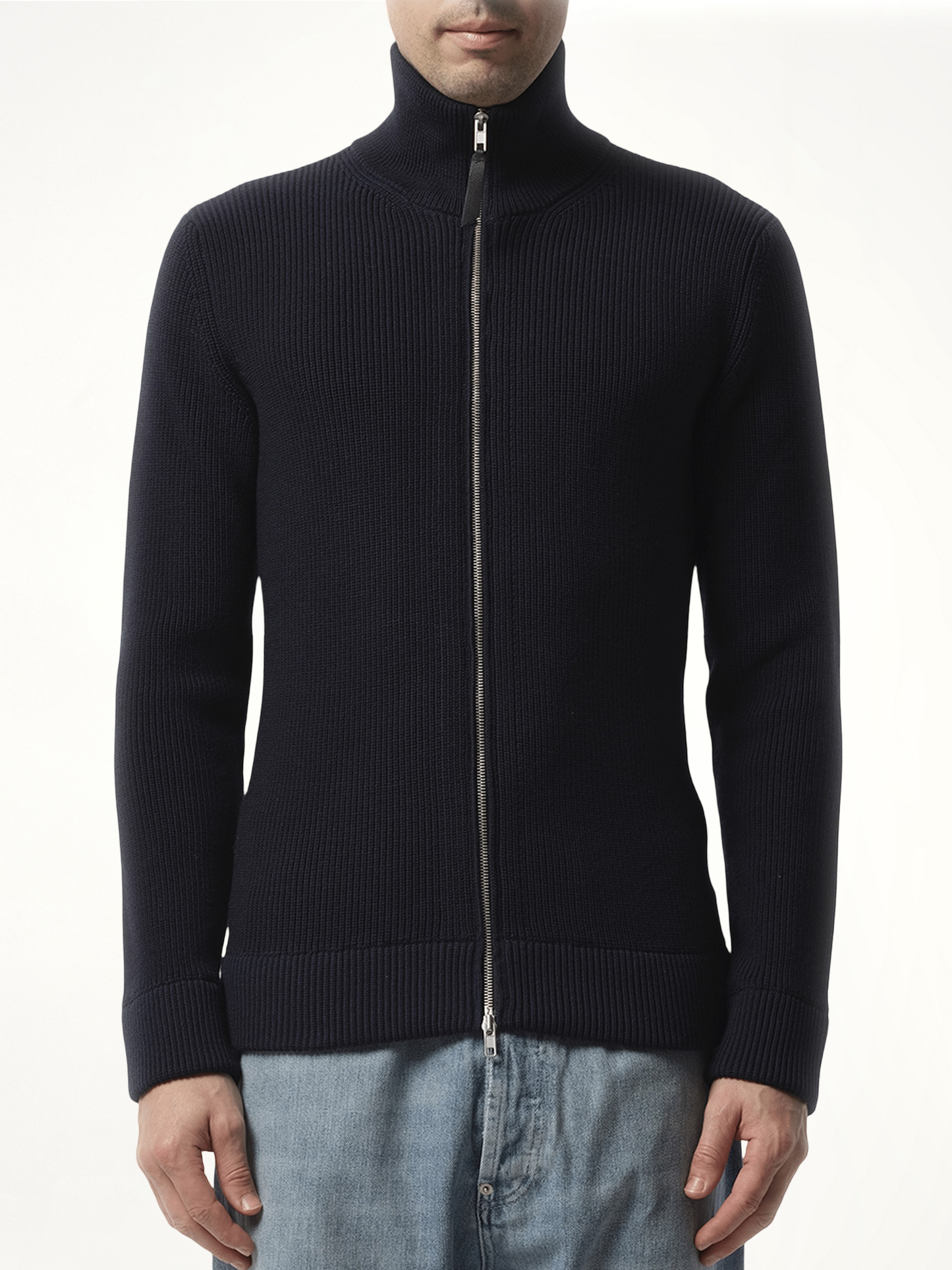 Image of Cardigans. Product name - English Rib Zip Cardigan in Navy colour by brand - MAISON MARGIELA