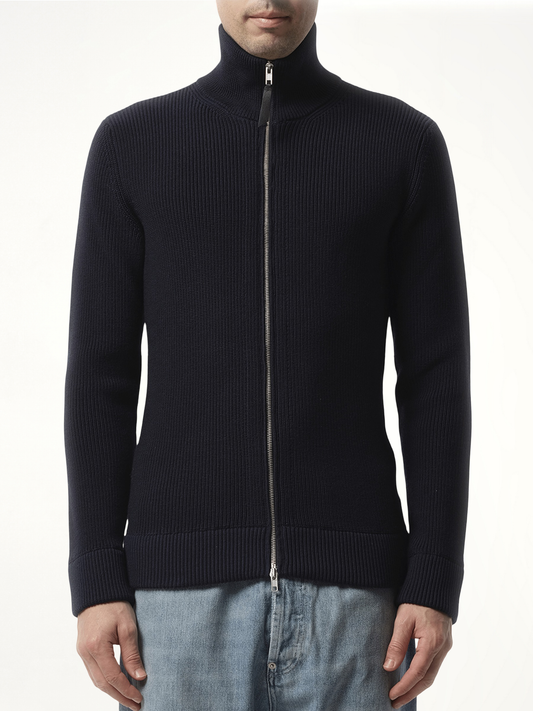 Image of Cardigans. Product name - English Rib Zip Cardigan in Navy colour by brand - MAISON MARGIELA