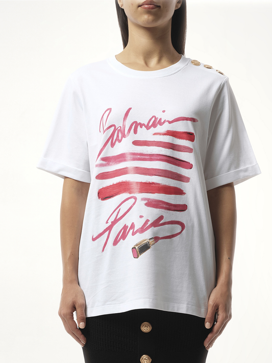 Image of T-Shirts. Product name - 3 Btn Balmain Lipstick Print T-Shirt in White colour by brand - BALMAIN