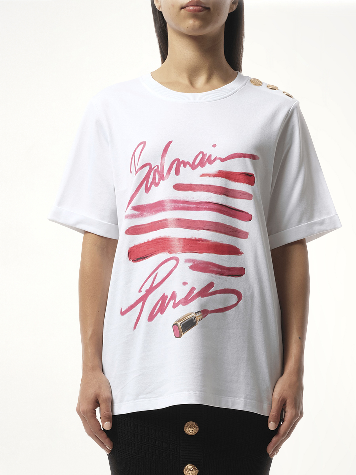 Image of T-Shirts. Product name - 3 Btn Balmain Lipstick Print T-Shirt in White colour by brand - BALMAIN