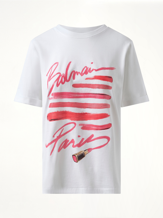 BALMAIN 3 Btn Balmain Lipstick Print T-Shirt (White)