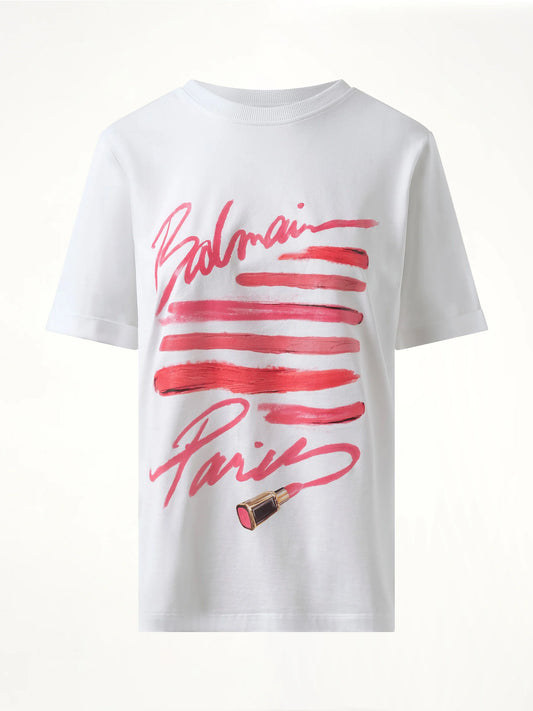 3 Btn Balmain Lipstick Print T-Shirt (White)