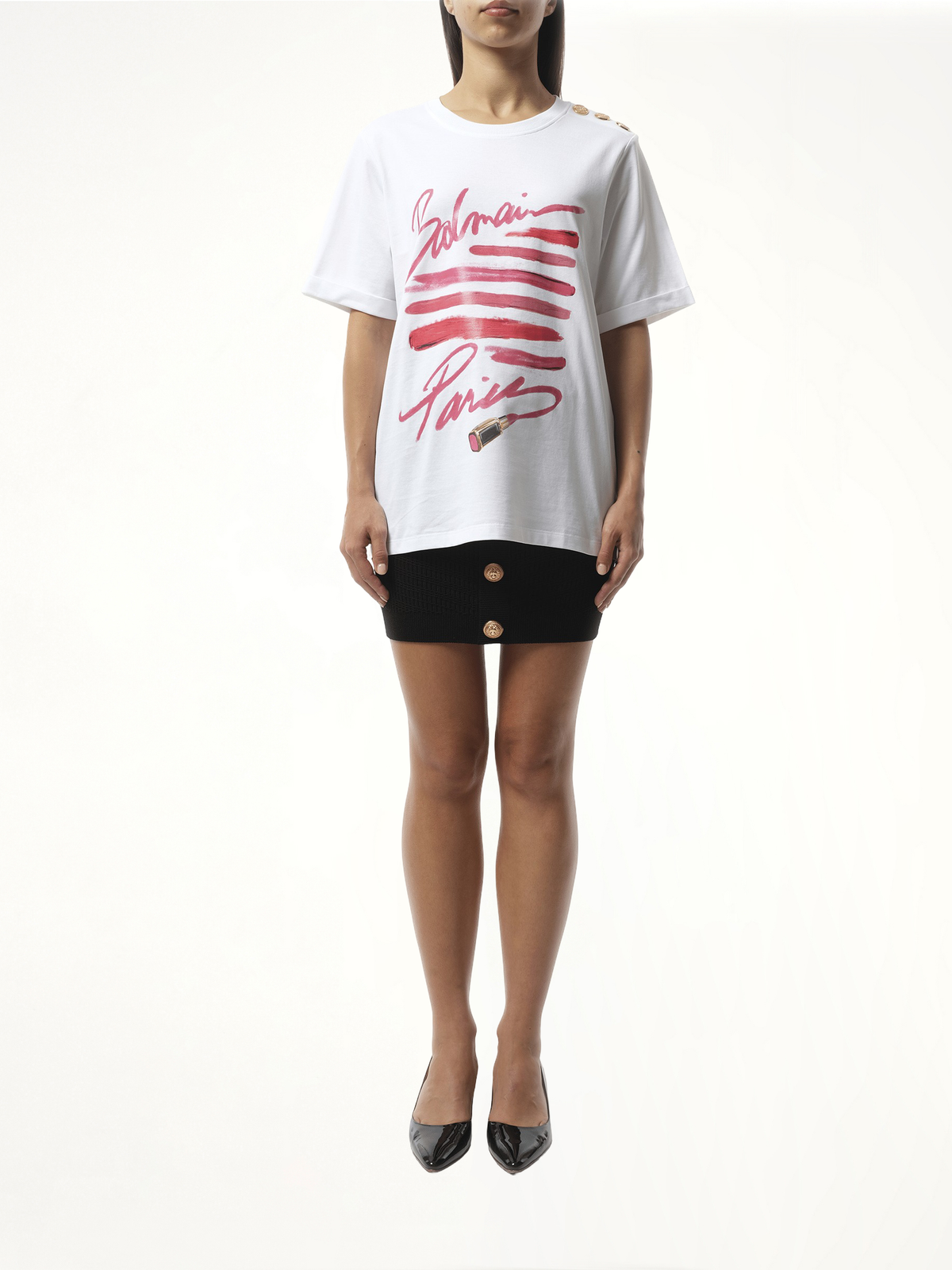 3 Btn Balmain Lipstick Print T-Shirt (White)