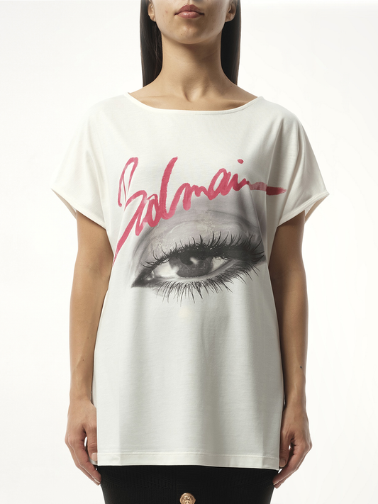 Image of a model wearing Tops. Productname: BALMAIN Boatneck Balmain Eye Print Top in WHITE colour by brand - BALMAIN