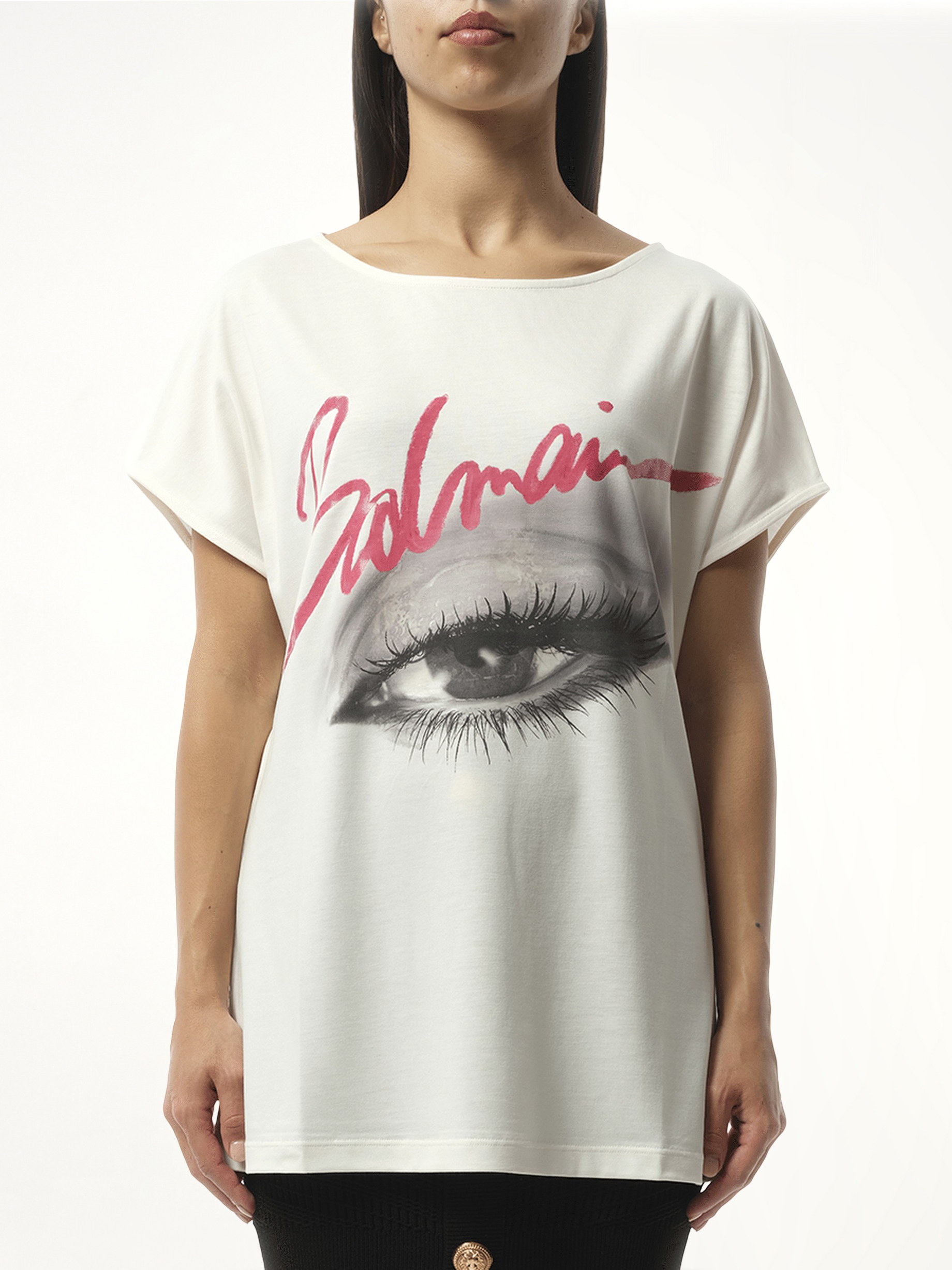 Image of a model wearing Tops. Product name - Boatneck Balmain Eye Print Top in White colour by brand - BALMAIN