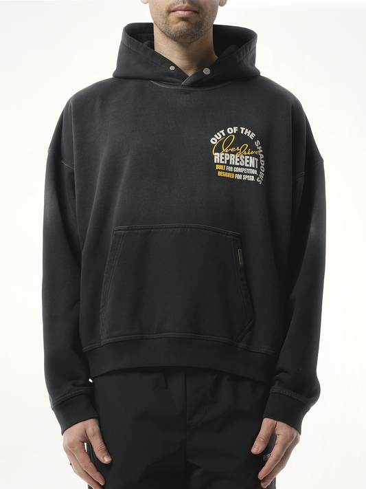 Image of a model wearing Outerwear. Productname: REPRESENT Out Of The Shadows Hoodie in BLACK colour by brand - REPRESENT